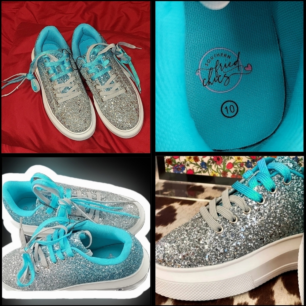 Southern fried chics turquoise silver ombre glitter platform sneakers 10 NWOB - Picture 11 of 17